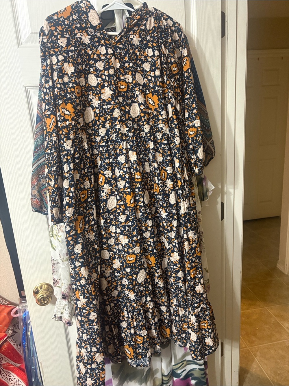 Floral Tiered Midi Dress in Navy and Mustard